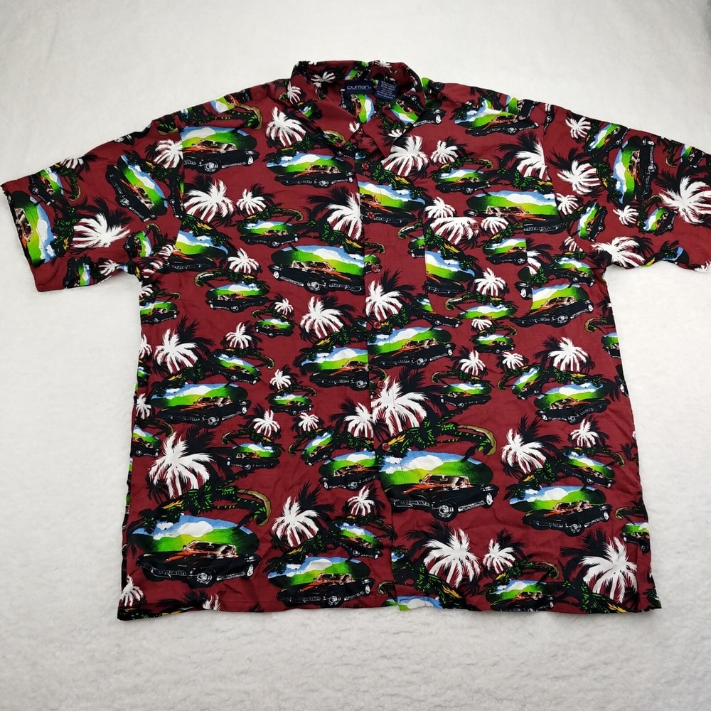 Puritan Short Sleeve Maroon Cars PALM TREES GOLF Hawaiian Shirt XLarge